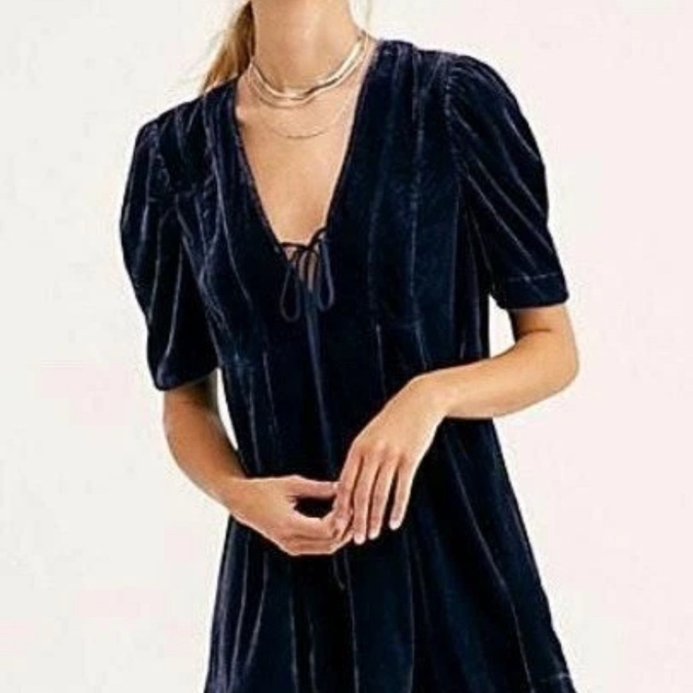 FREE PEOPLE Velvet Blue Tunic Boho Mini Dress Medium - Picture 2 of 7
